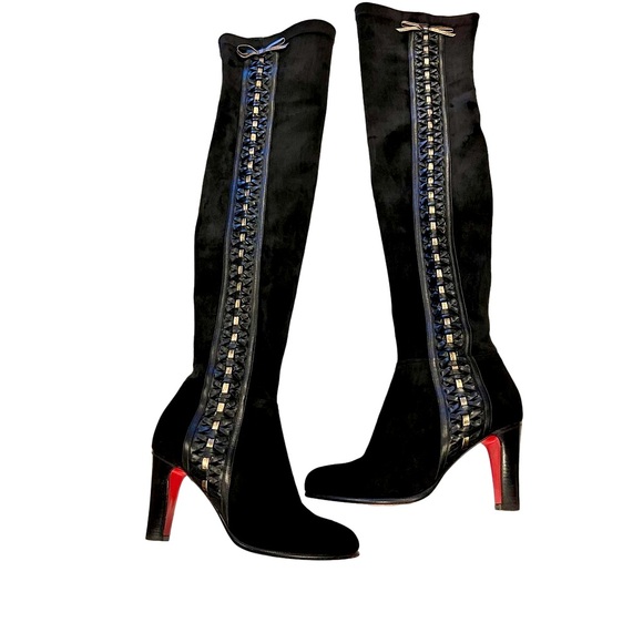 Christian Louboutin Over Thé Knee Boots sz38 Soft Suede Braided Leather Bow - Picture 2 of 12